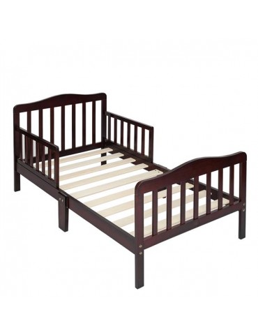 [US-W]Wooden Baby Toddler Bed Children Bedroom Furniture with Safety Guardrails Espresso
